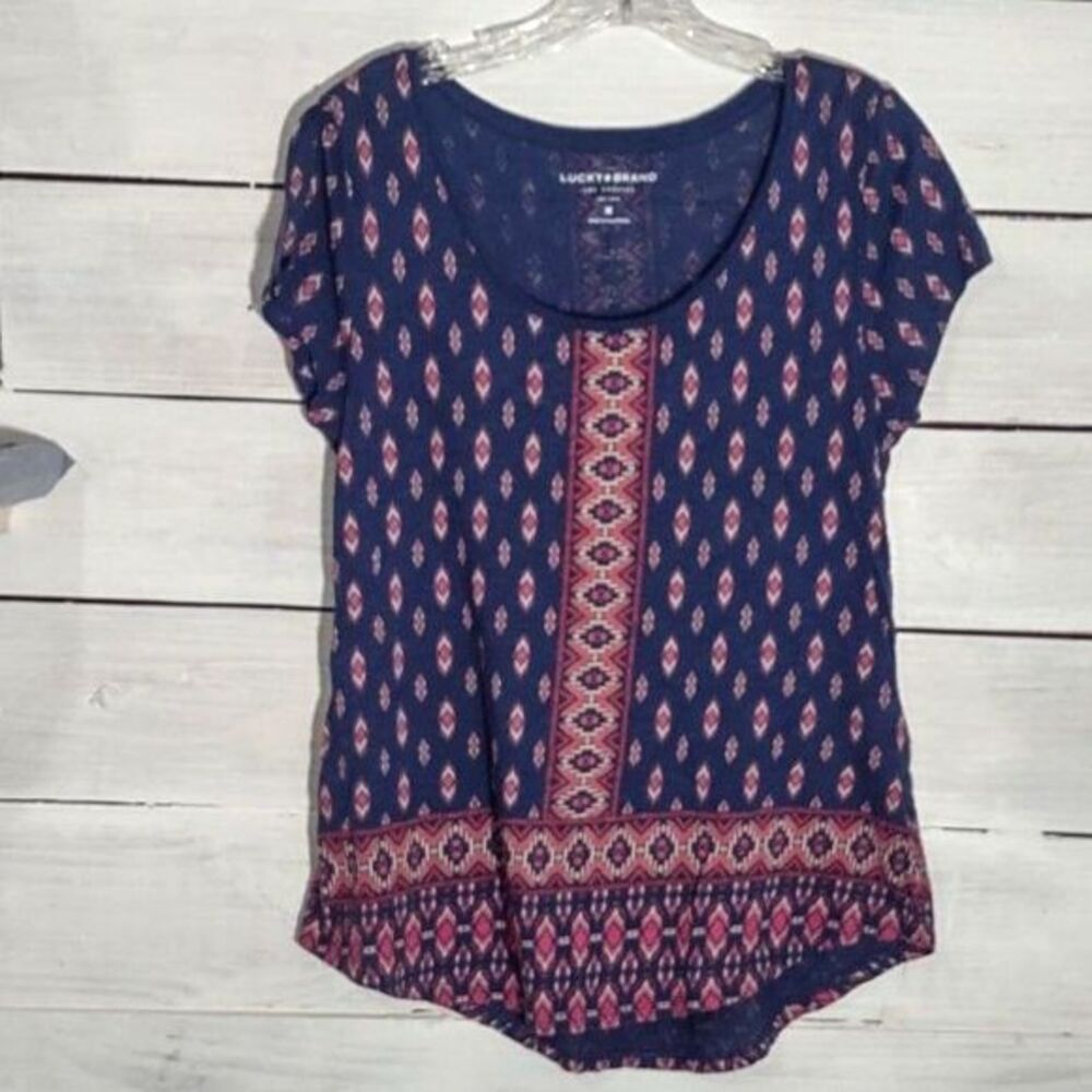 Lucky Brand Navy Aztec Design Scooped Hem Top